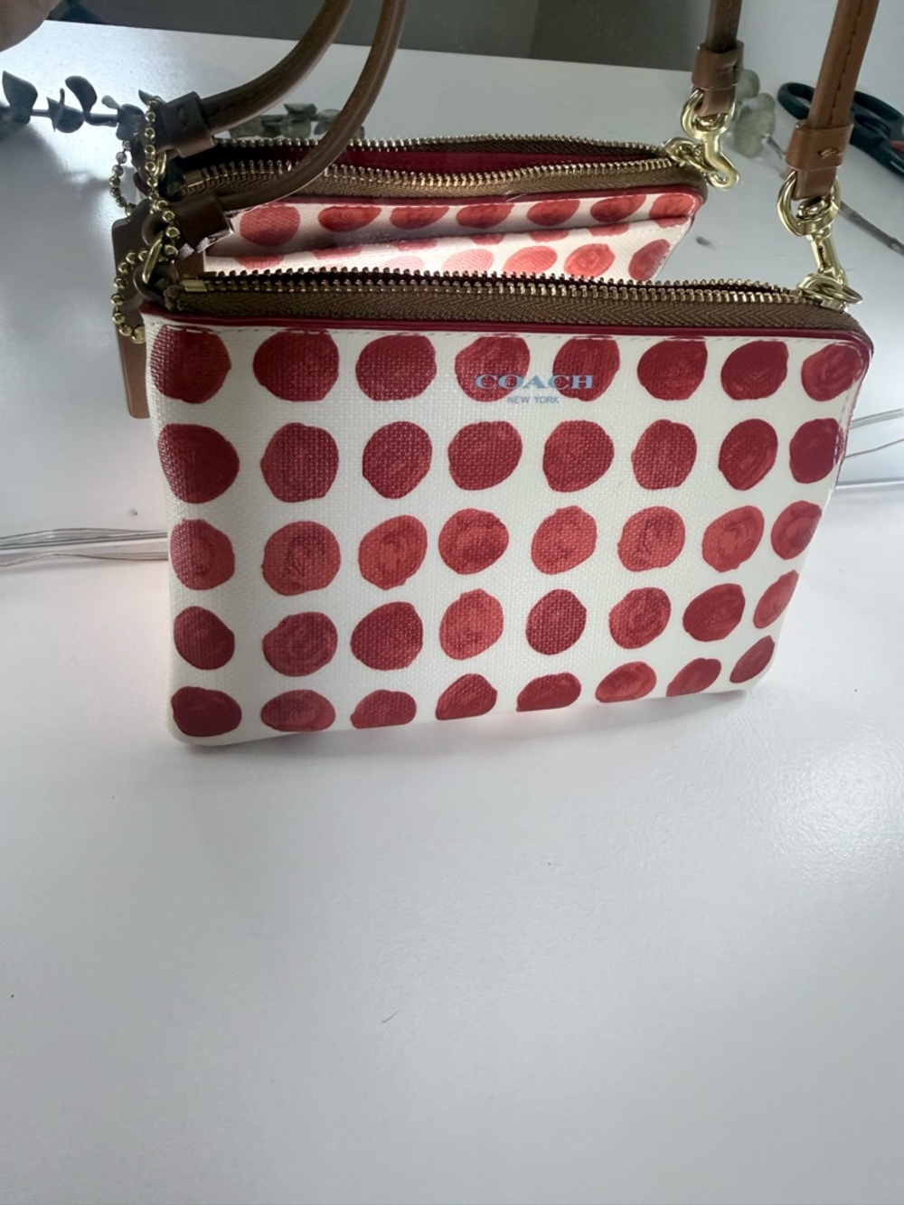 Coach Bleeker Polka Dot Zip Wristlet | Red and Cream